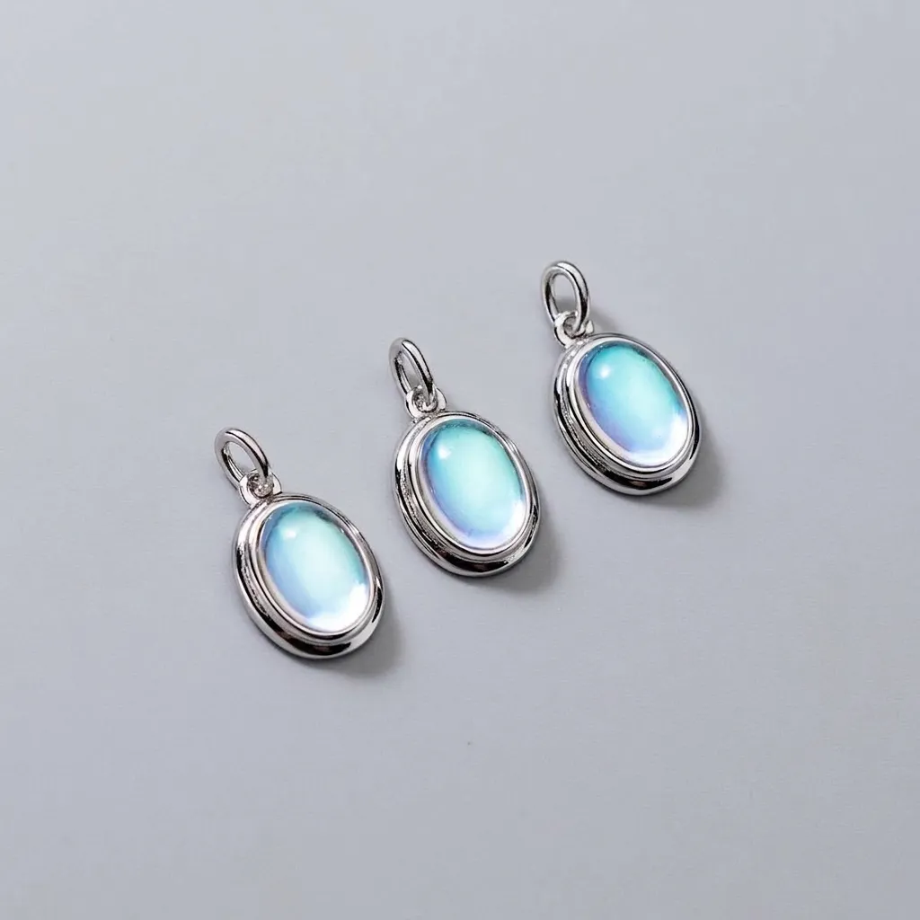 S925 Sterling Silver Moonstone Pendant Geometric Blue Cat Eye Charm For DIY Jewelry Making Pendant Only Without Chain