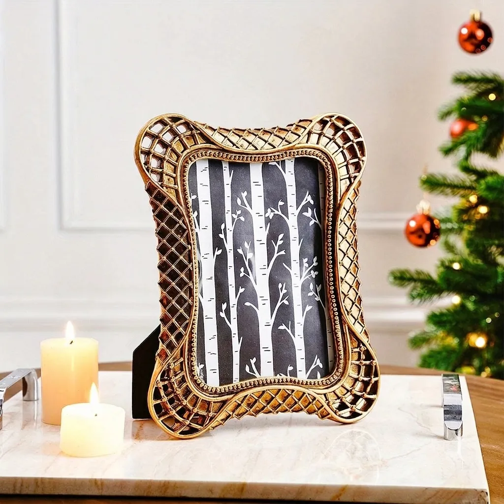 Vintage Gold Woven Lace Edge Resin Photo Frame With Glass For Tabletop Home Bedroom Living Room Decorative Picture Frame