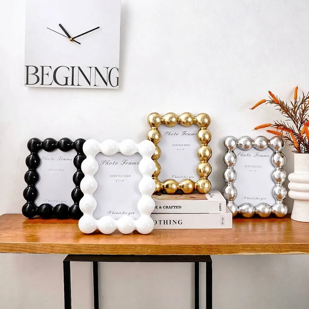 Marco de Fotos de Resina Minimalista Moderno Diseño de Borde de Perlas Grandes 6x8 Pulgadas para Decoración de Escritorio de Hogar
