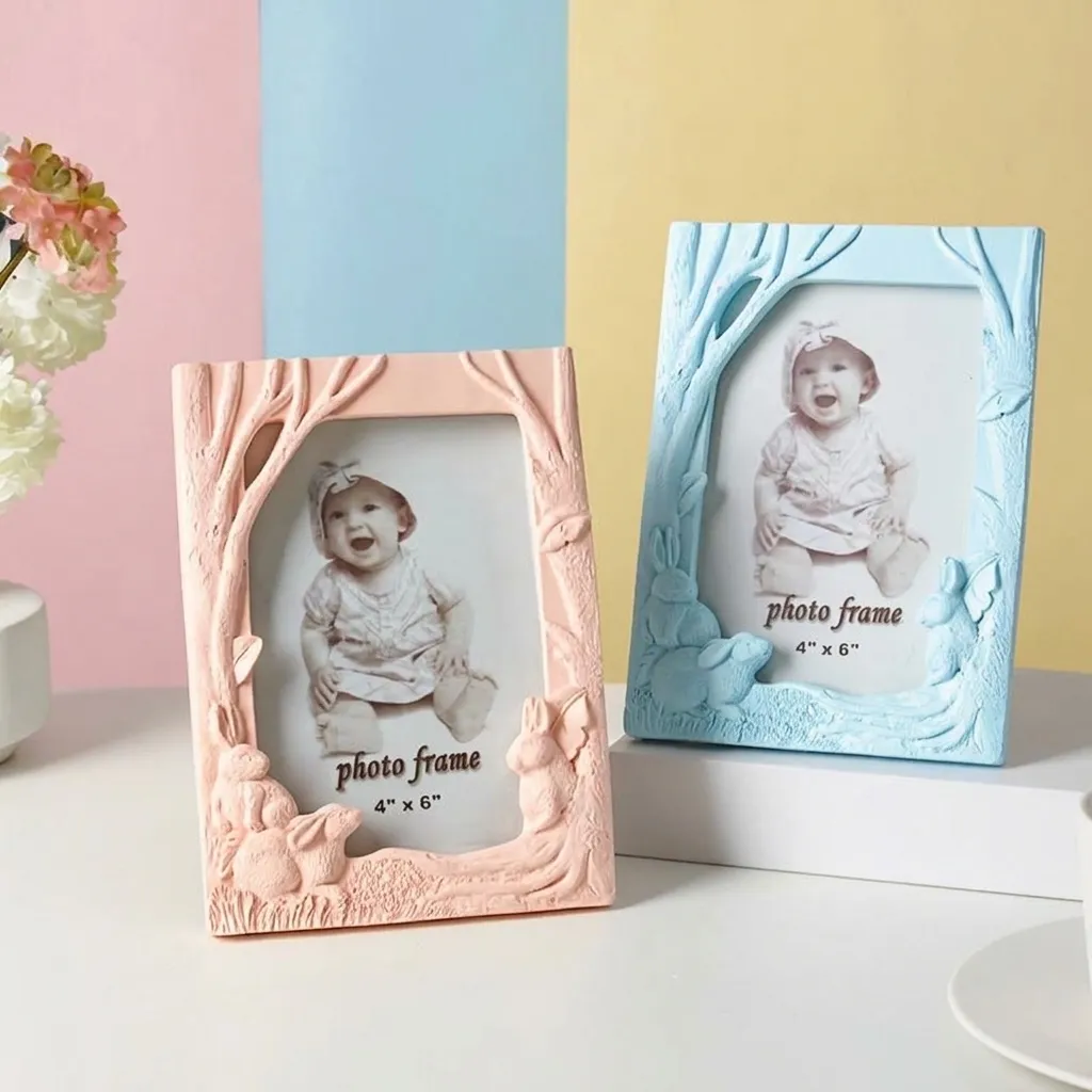 Creative 3-Rabbit Resin Photo Frame 4x6 Inch Embossed Tree Texture Desktop Display Picture Frame Pink Blue Home Decor Ornament