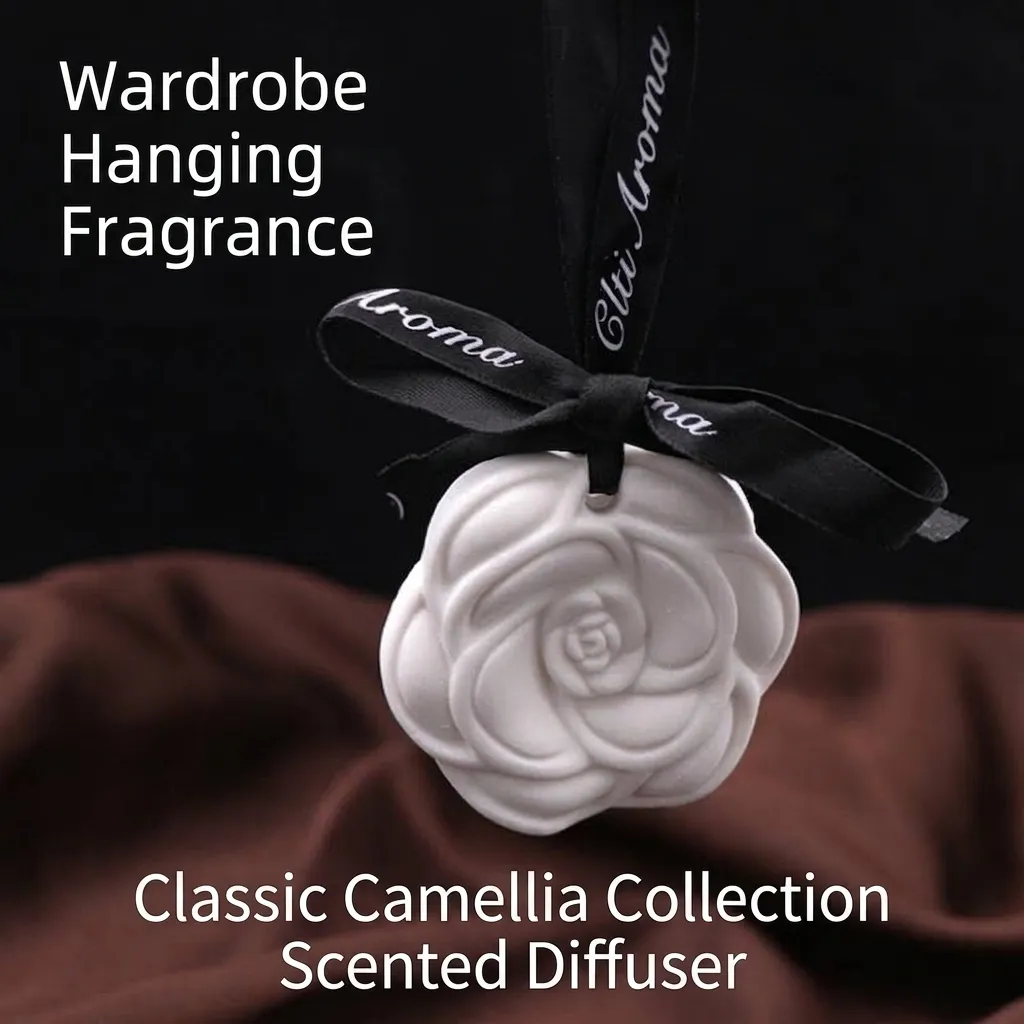 Camellia Flower Plaster Aroma Sachet Persistent Fragrance Hanging Pendant For Wardrobe Closet Car Decorative Scented Stone With Ribbon