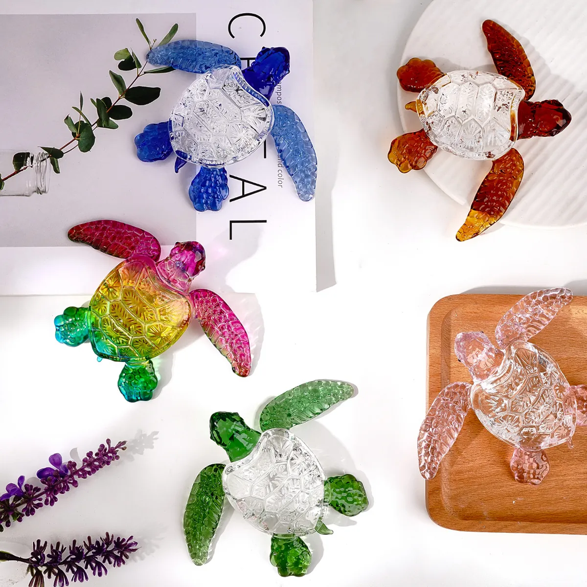 Colorful White Crystal Sea Turtle Ornament Transparent Glass Simulated Marine Animal Desk Figurine Modern Home Decor Gift
