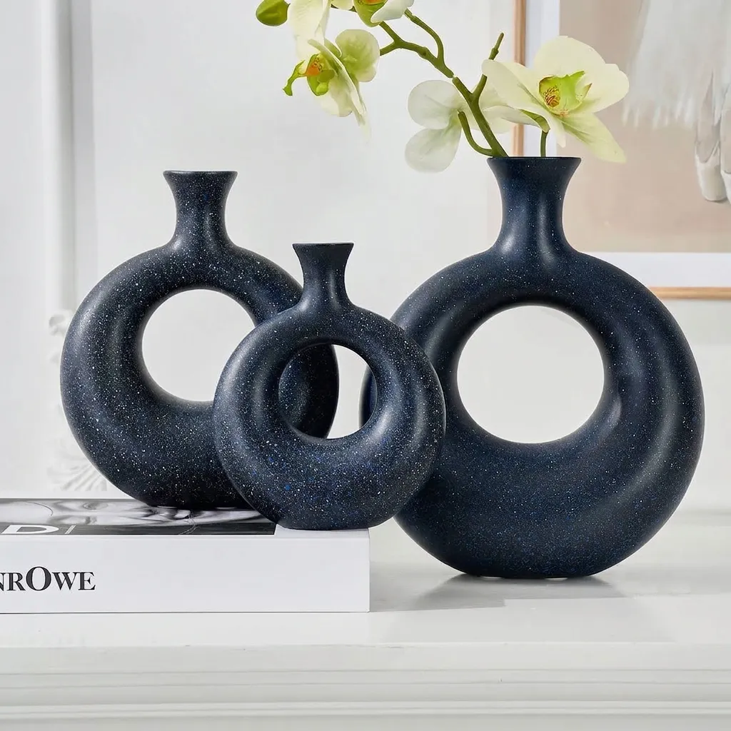 Florero de Resina Forma de Donut Moderno Minimalista Florero Circular Geométrico Hueco Moteado Estrellado Decorativo Hogar