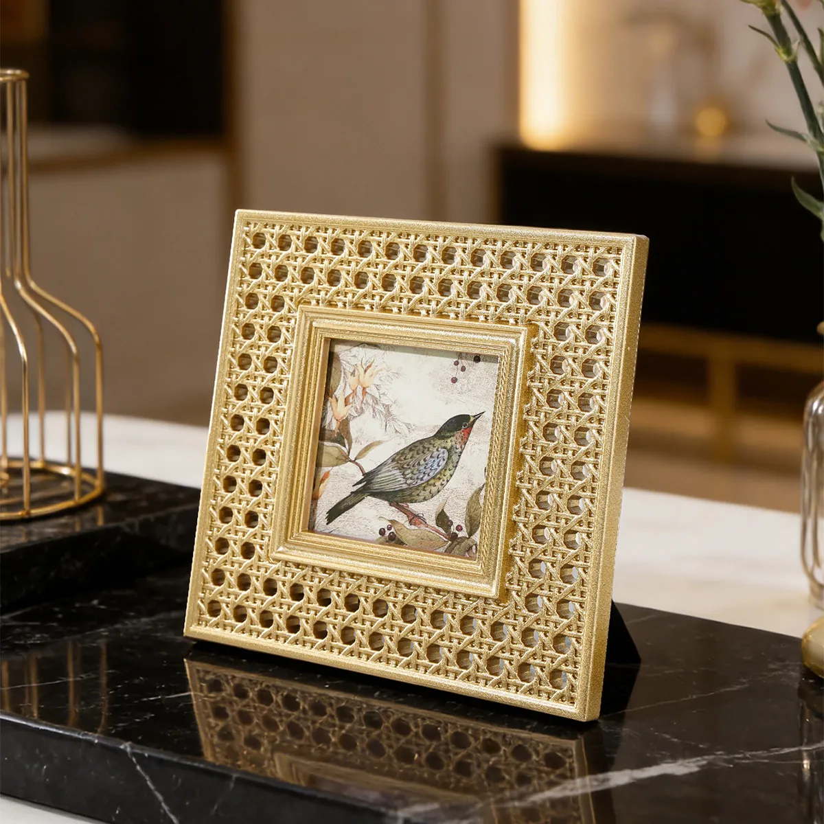 European Retro Gold Resin Photo Frame Engraved Rattan Texture Square Tabletop Picture Frame For Home Office Decoration