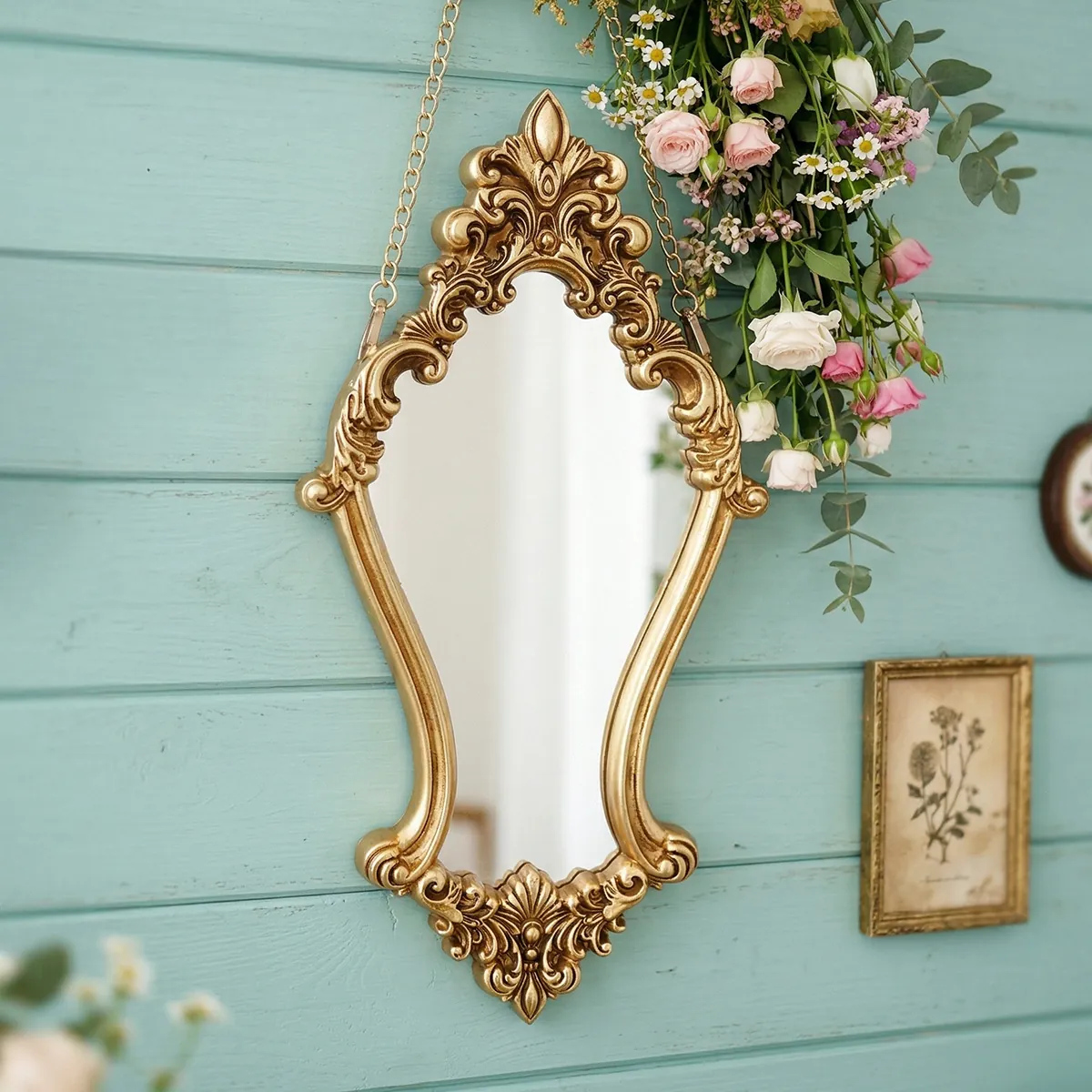 European Vintage Carved Wall Mirror Gold Resin Embossed Baroque Style Hanging Vanity Mirror For Home Decor With Chain