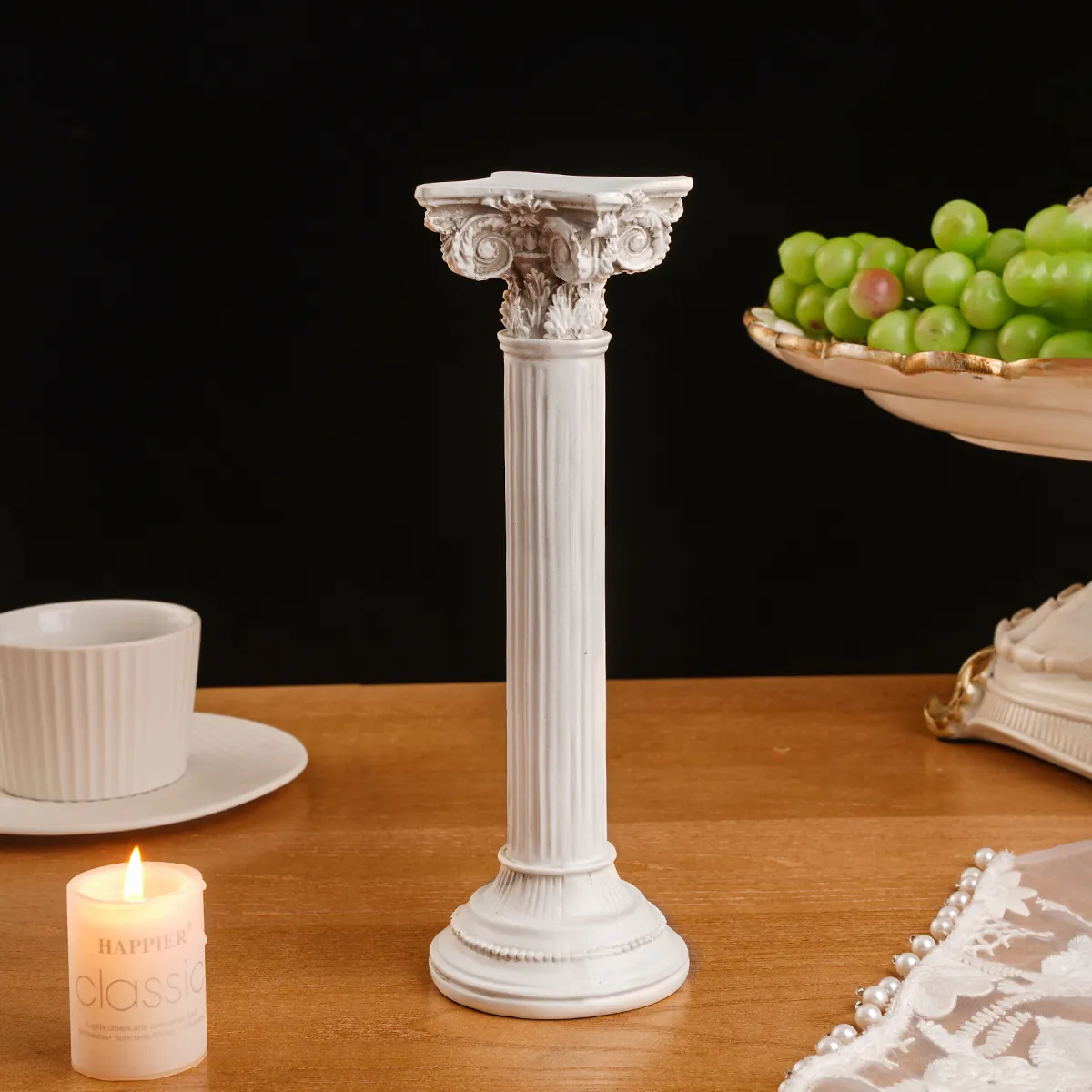 Candelabro de Columna Romana Vintage Adorno Decorativo de Resina Europea Para Mesa de Boda Decoración Suave del Hogar Portavelas de Pilar Corintio Blanco Envejecido
