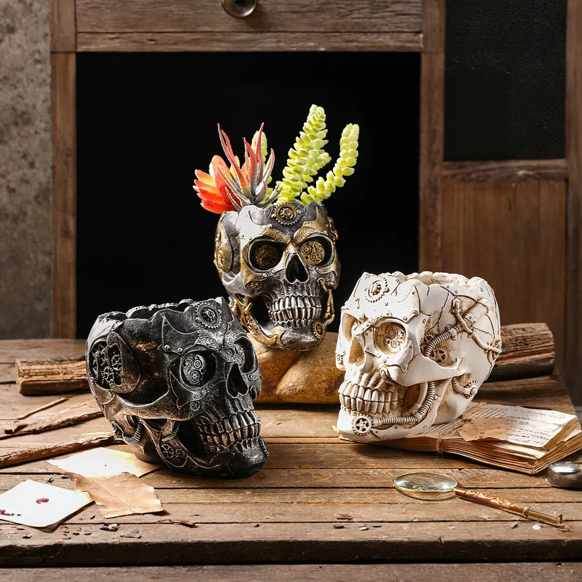 Steampunk Totenkopf Harz Blumentopf Vintage Industrie Sukkulenten Pflanzgefäß Mit Mechanischem Zahnrad Dekor Desktop Ornament