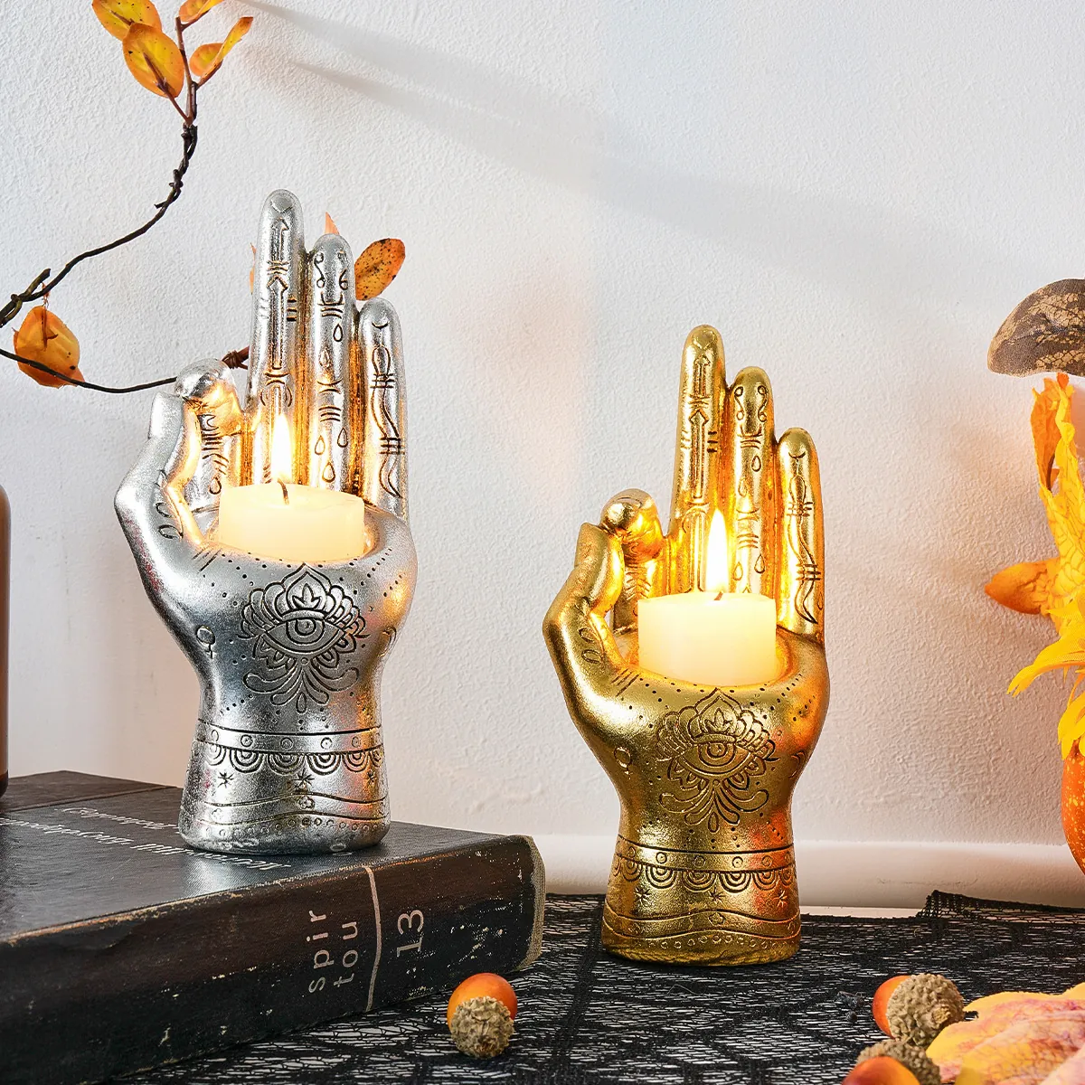 Retro Mystic Palmistry Hand Candle Holder Resin Palm Ornament For Halloween Gothic Home Desktop Decor Gold Silver Black
