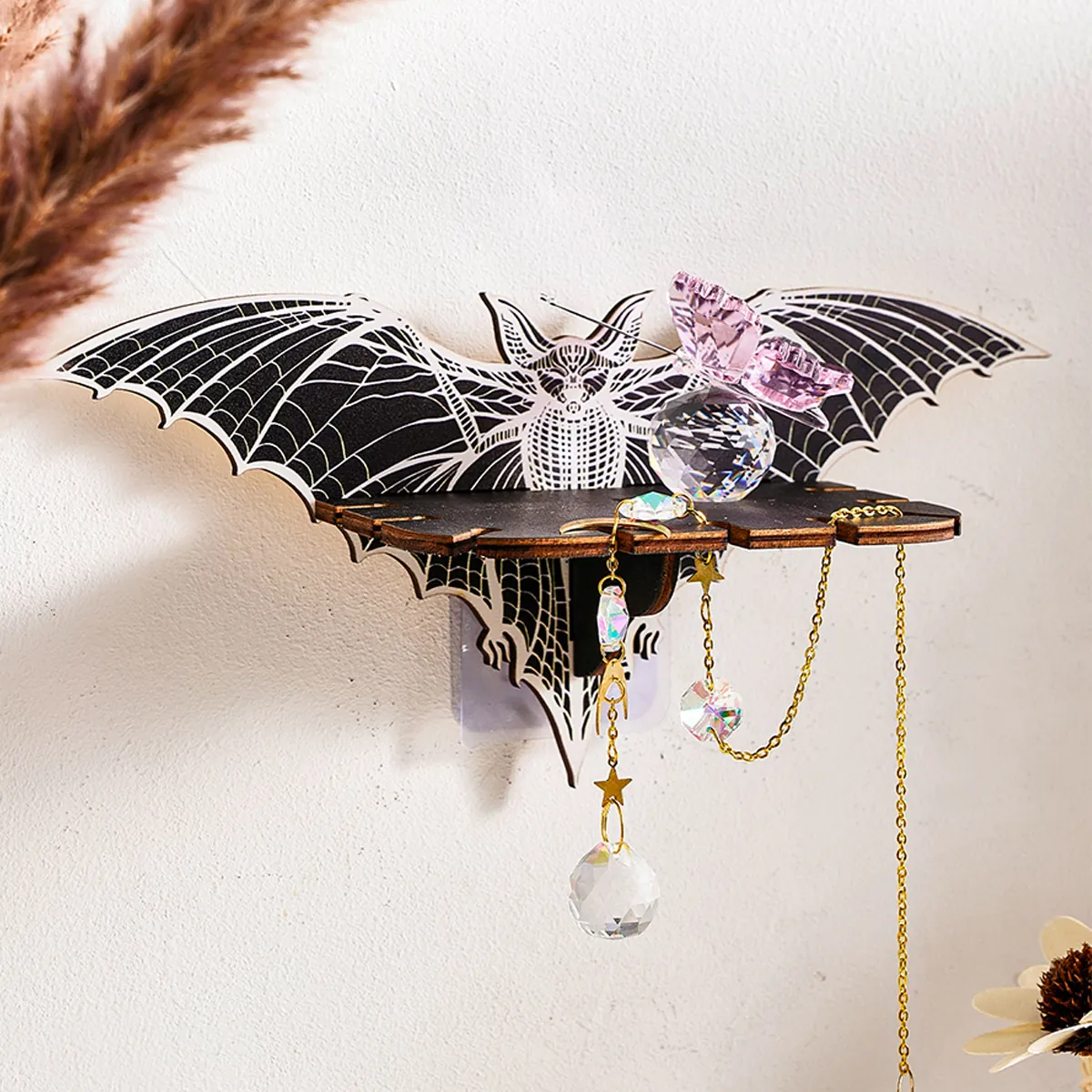 Gothic Bat Shaped Wood Floating Wall Shelf For Halloween Home Decor Spooky Bat Wing Decorative Corner Display Rack For Crystals