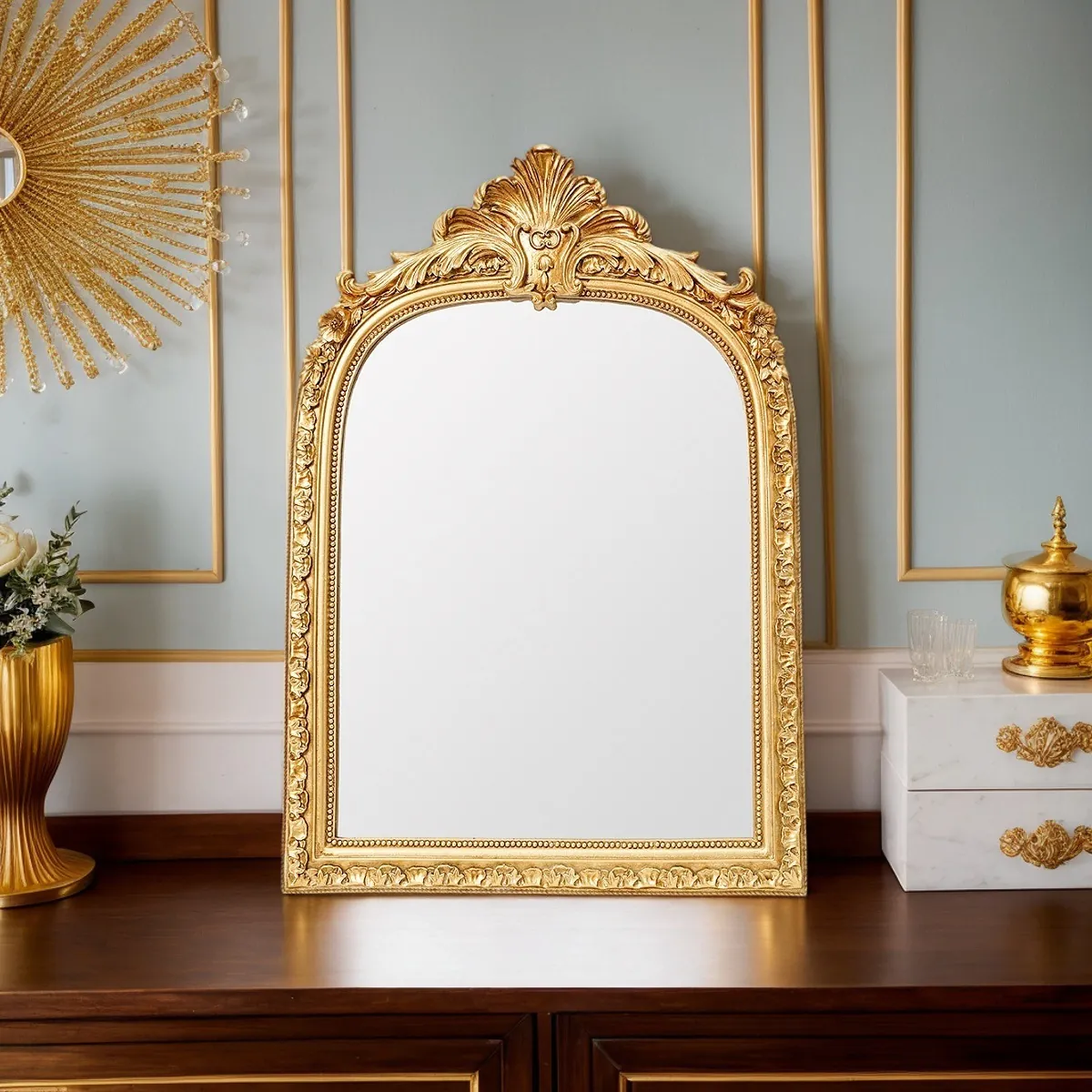 Vintage Barock Blattgoldvergoldung Harz Spiegelrahmen Klassischer Relief Geschnitzter Bogen Bilderrahmen Haushalt Desktop Ornament Foto Requisiten