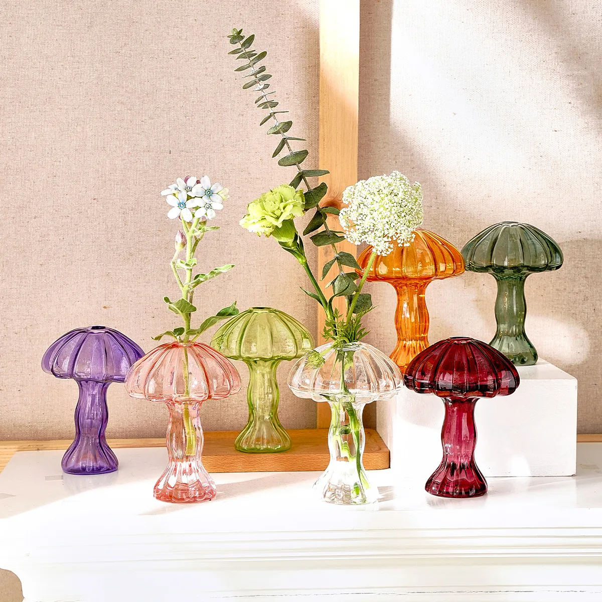 Florero de Vidrio Hidropónico de Seta Estilo Nórdico Moderno Textura Nervada Florero de Vidrio de Color Transparente Adorno de Escritorio Creativo para Hogar
