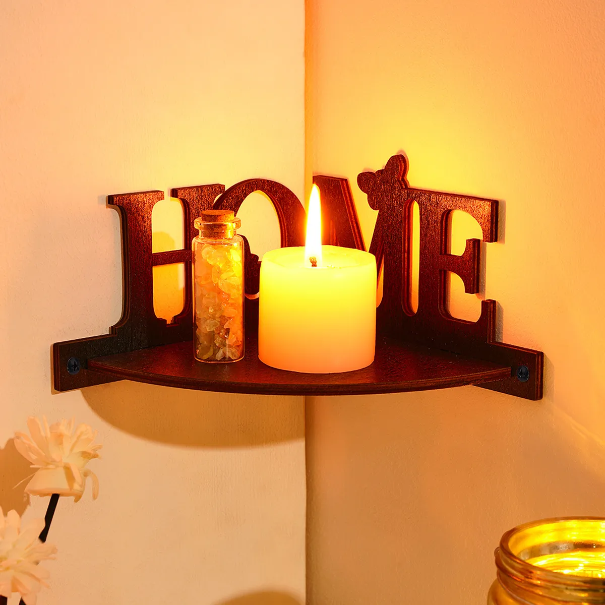 Minimalist Wood Corner Shelf HOME Letter Hollow Design Butterfly Wall Floating Shelf For Home Kitchen Living Room Decoration