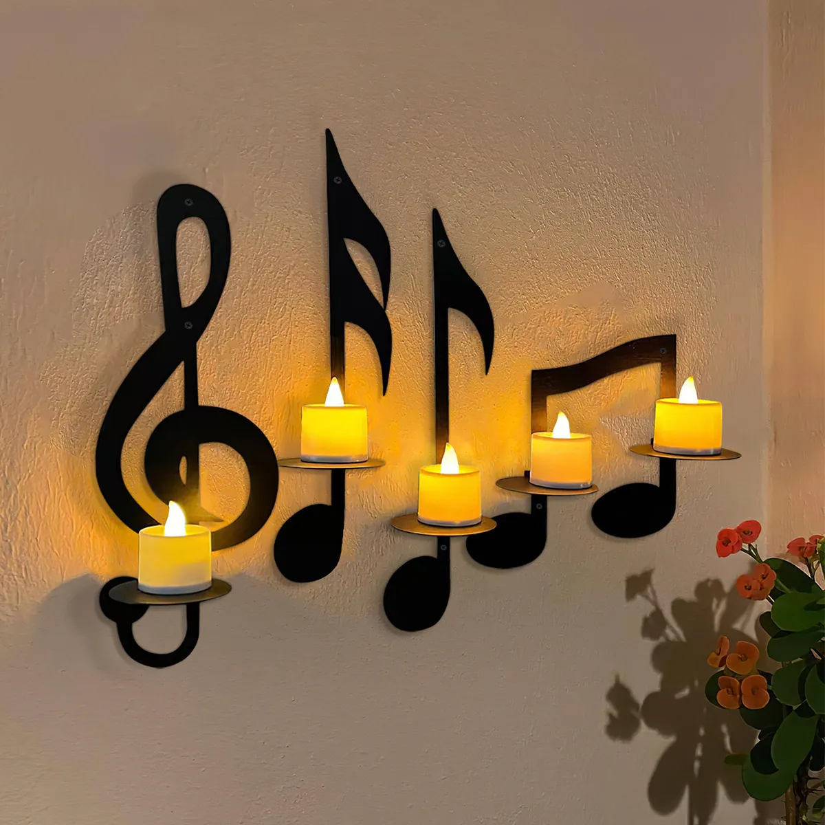 Black Iron Musical Note Wall Mounted Candle Holder Set Metal Musical Symbols Candlestick For Home Restaurant Art Decor