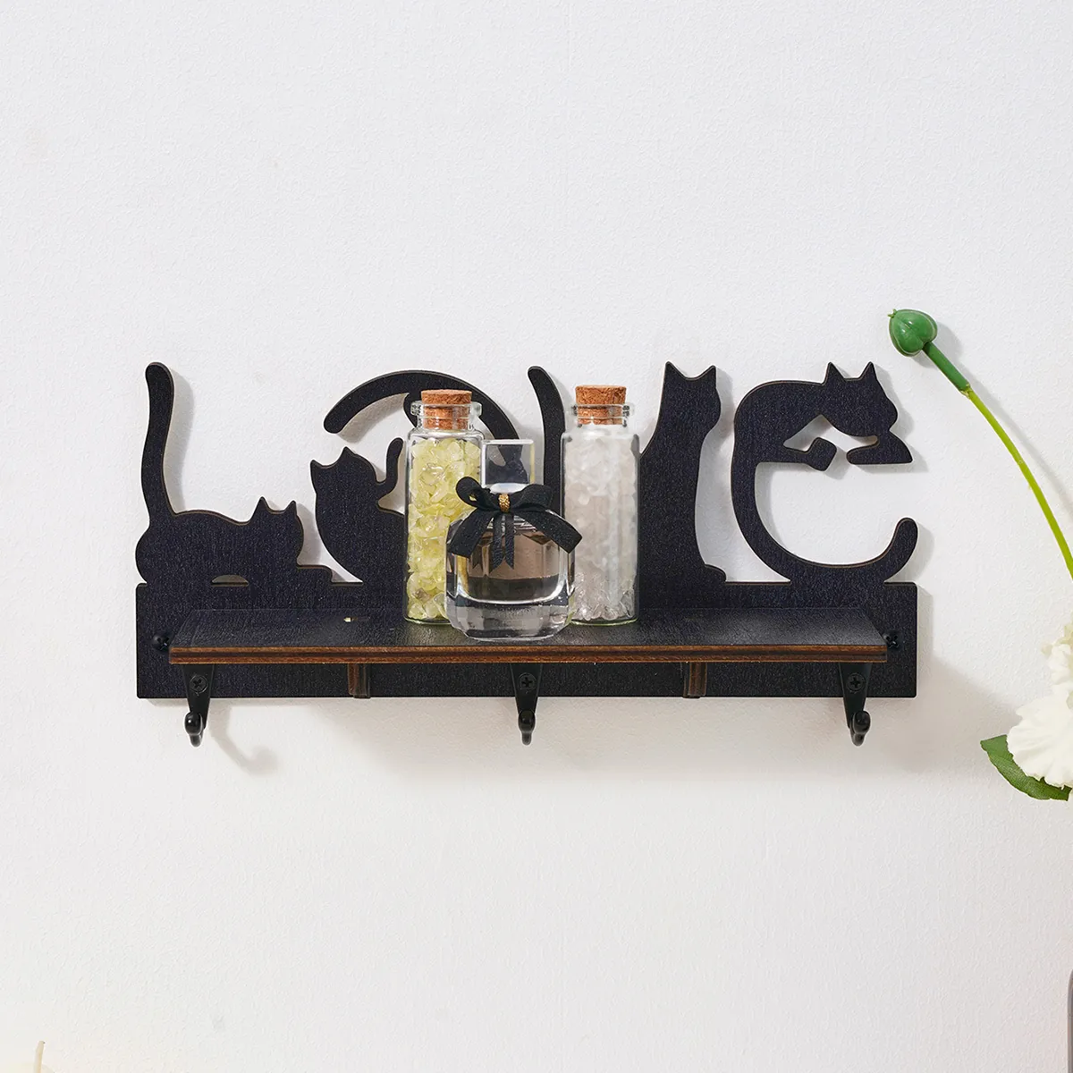 Creative Black Cat LOVE Silhouette Wooden Wall Mounted Shelf Floating Storage Rack With 3 Metal Hooks Entryway Home Decor Key Holder Organizer