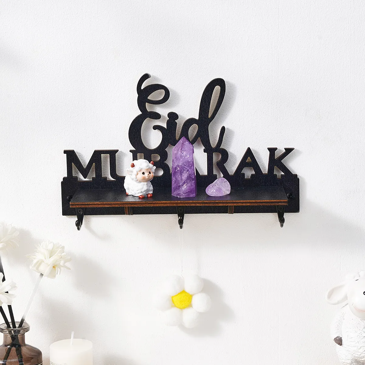 Porte-clés Mural en Bois Design Lettres Eid Mubarak Support de Rangement Décoratif Crochet pour Entrée Maison