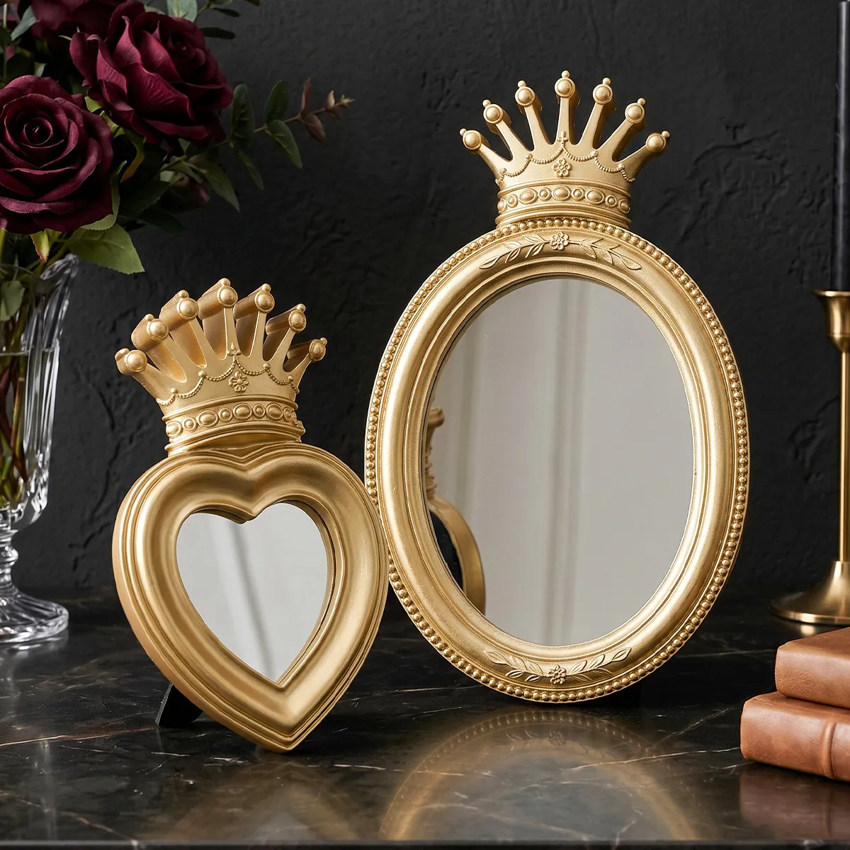 Vintage Gold Crown Desktop Makeup Mirror Luxury Resin Oval Heart Table Decoration Vanity Mirror For Bedroom Dressing Table Home Decor Gift