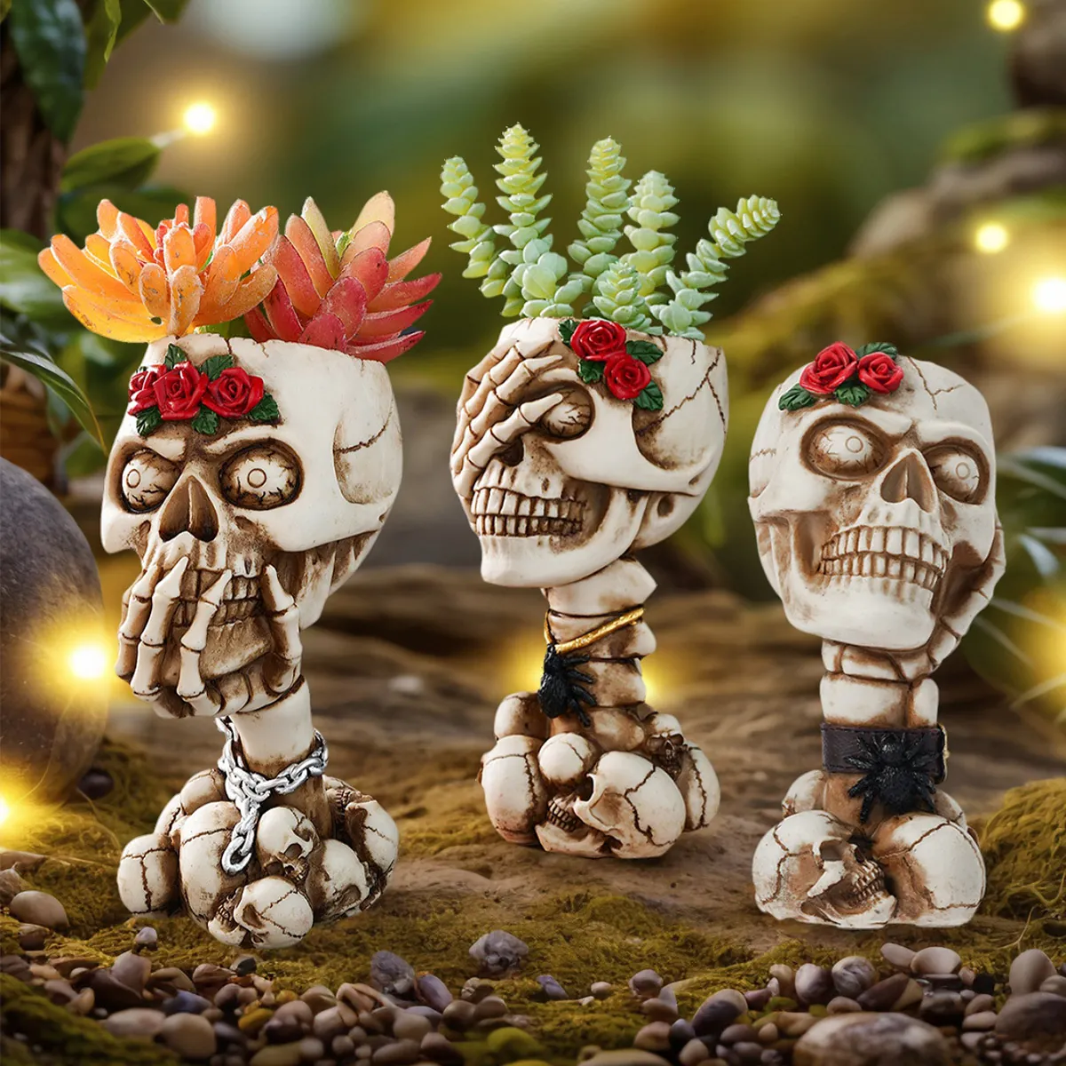 Vintage Gothic Skull Rose Resin Makeup Brush Holder Carved Skeleton Flower Pot Halloween Desktop Storage Art Decor Accessory