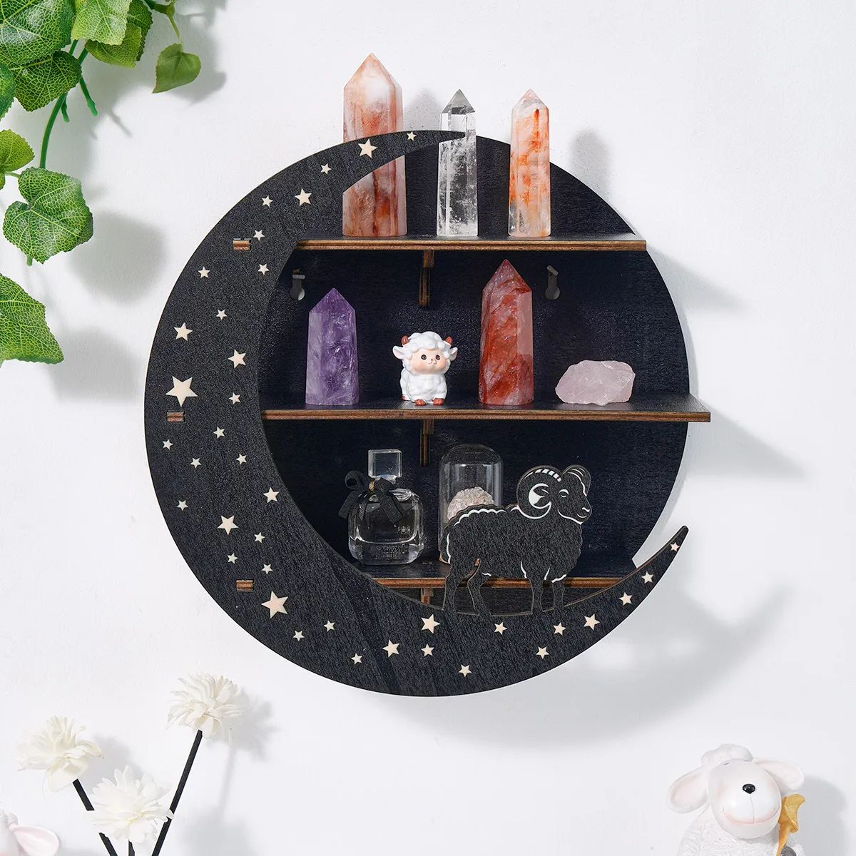 Round Wooden Wall Shelf Moon Cat Sheep Decorative Storage Rack Modern Minimalist Home Hanging Organizer Shelf