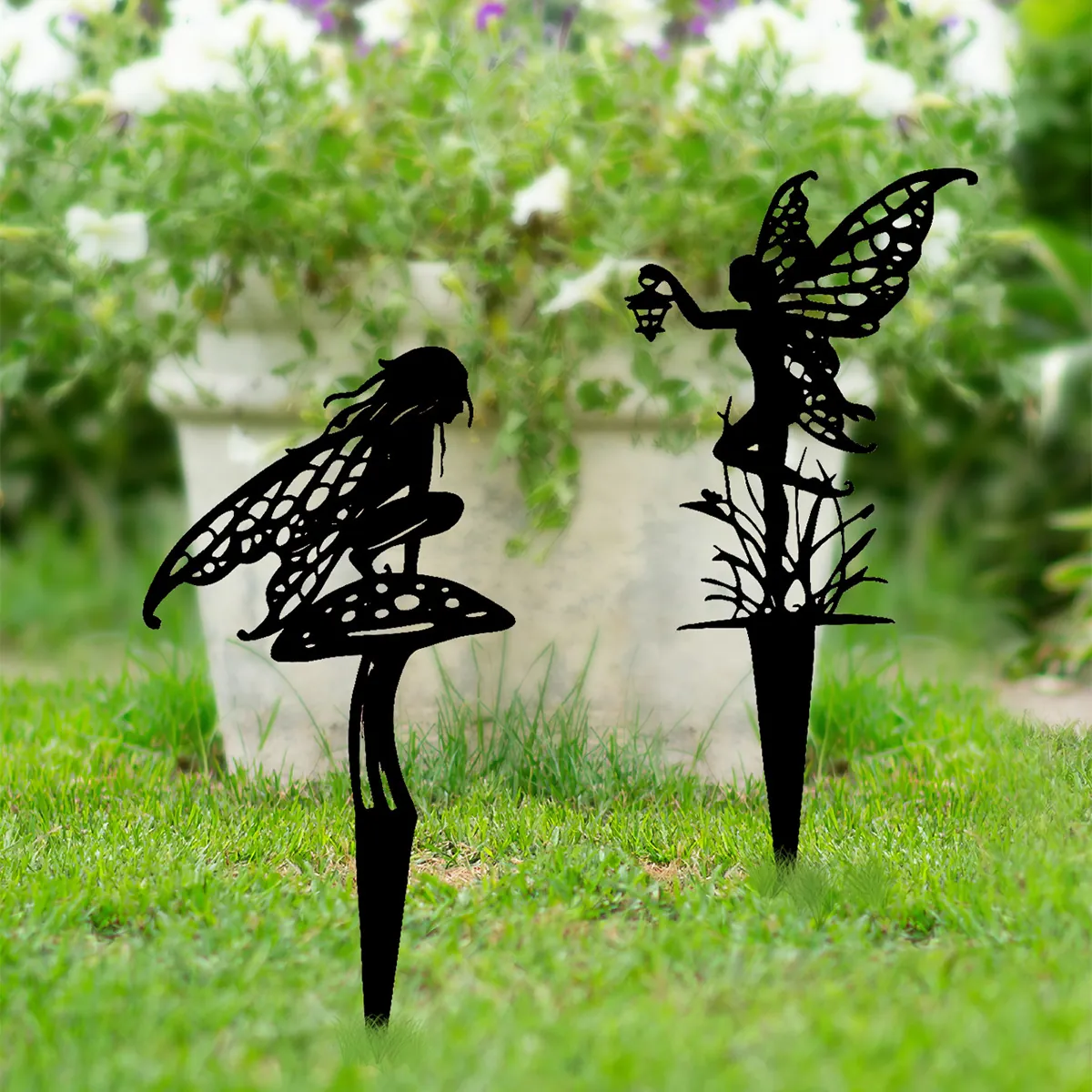 Zwarte IJzeren Fee Tuinstokken Metaal Silhouet Tuindecoratie Voor Tuin Gazon Buiten Fee Op Paddenstoel Zittend Lantaarn Vleugels