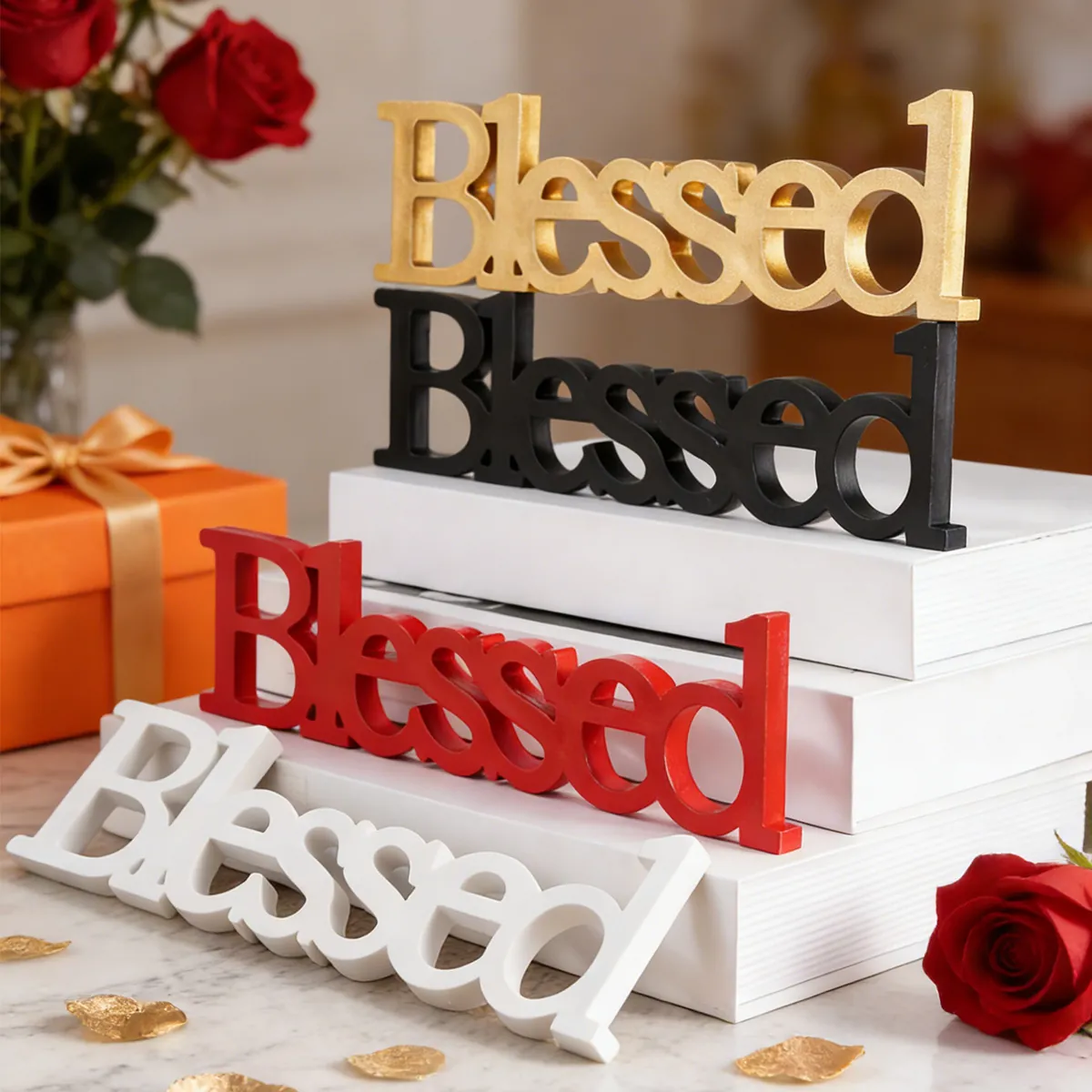 Blessed Letter Ornament PVC Decorative Sign For Wedding Valentine Day Home Table Decor Modern Script Word Art Gold Red Black White Colors