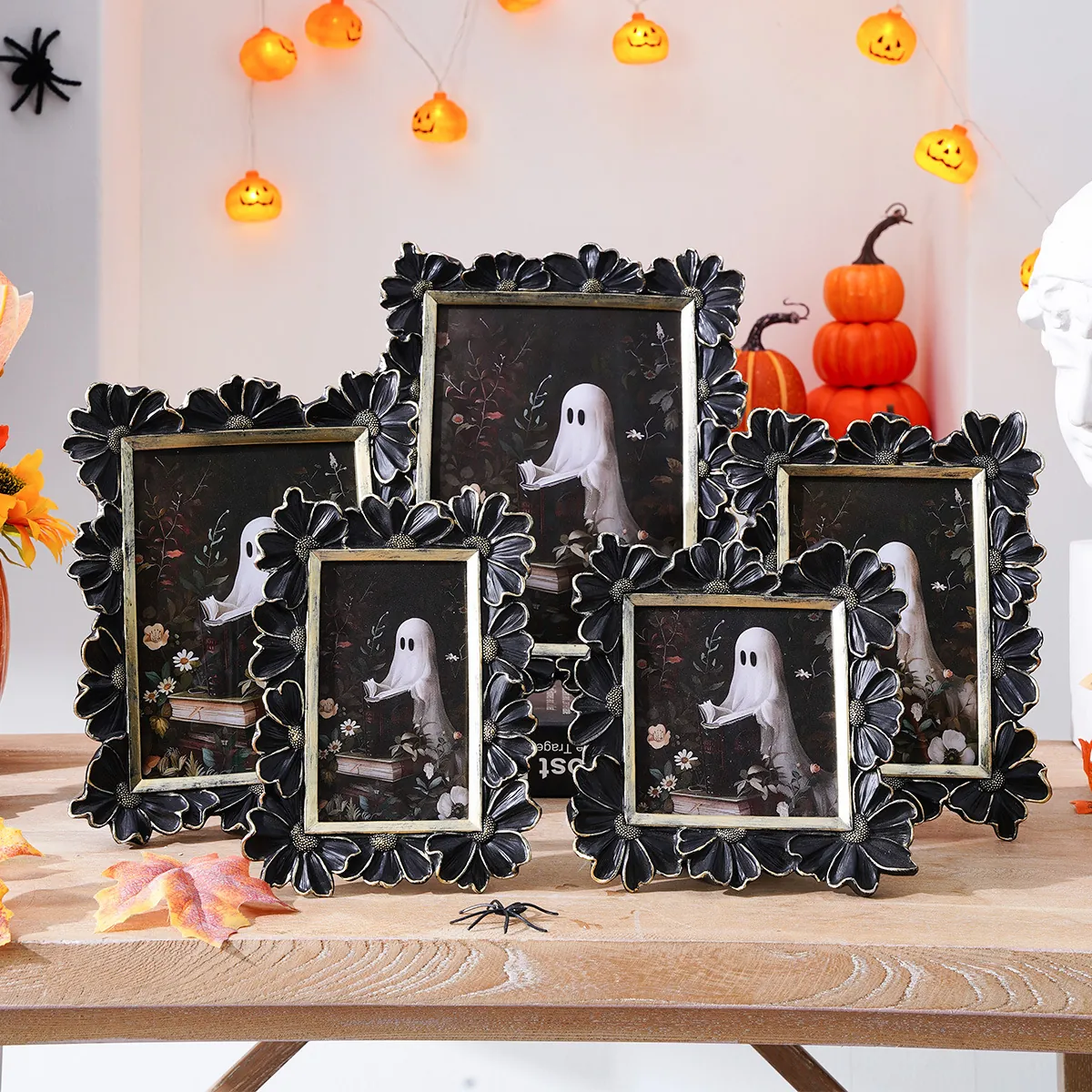 Marco de Fotos de Resina de Margarita Vintage de Halloween Relieve Floral 3D Borde Dorado Gótico para Decoración Festival