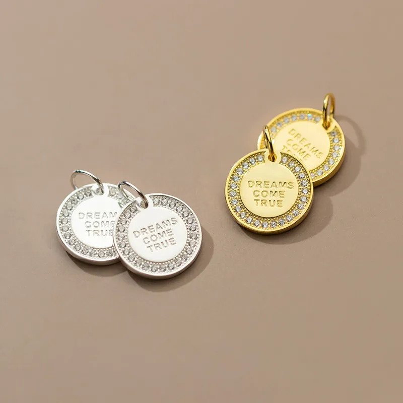 925 Sterling Silver Dreams Come True Round Disc Pendant Micro Pave Rhinestone Charm For DIY Jewelry Making Accessories