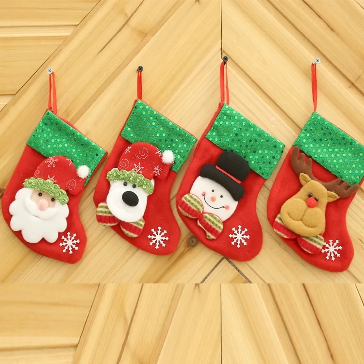 Creative Cartoon Christmas Stocking Gift Bag With Green Sequins And 3D Santa Snowman Reindeer Bear Hanging Ornament For Holiday Decor