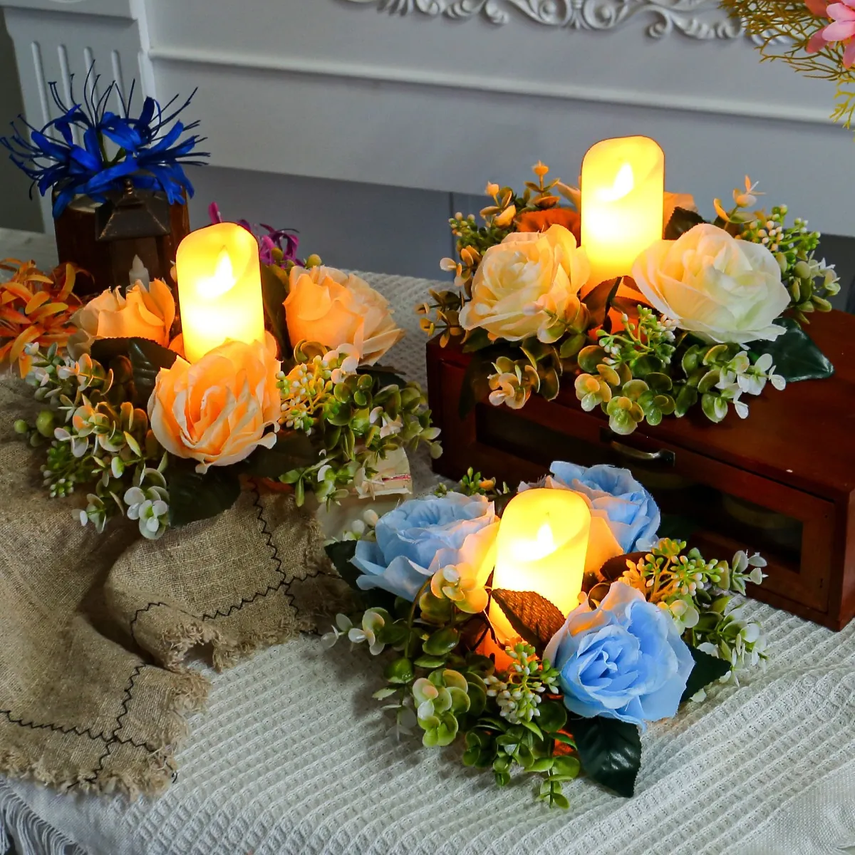 Simulation Artificial Rose Flower Candle Holder Wreath Decorative Floral Centerpiece For Dining Table Living Room Home Party Atmosphere
