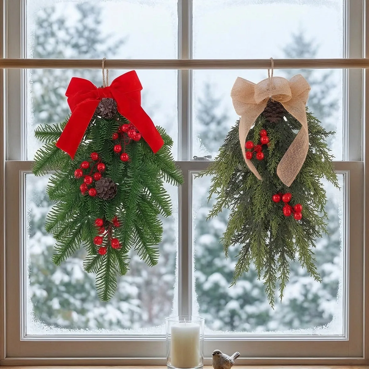 Christmas Teardrop Swag Artificial Pine Wreath Red Velvet Linen Bow Berry Pine Cone Hanging Decoration For Front Door Home