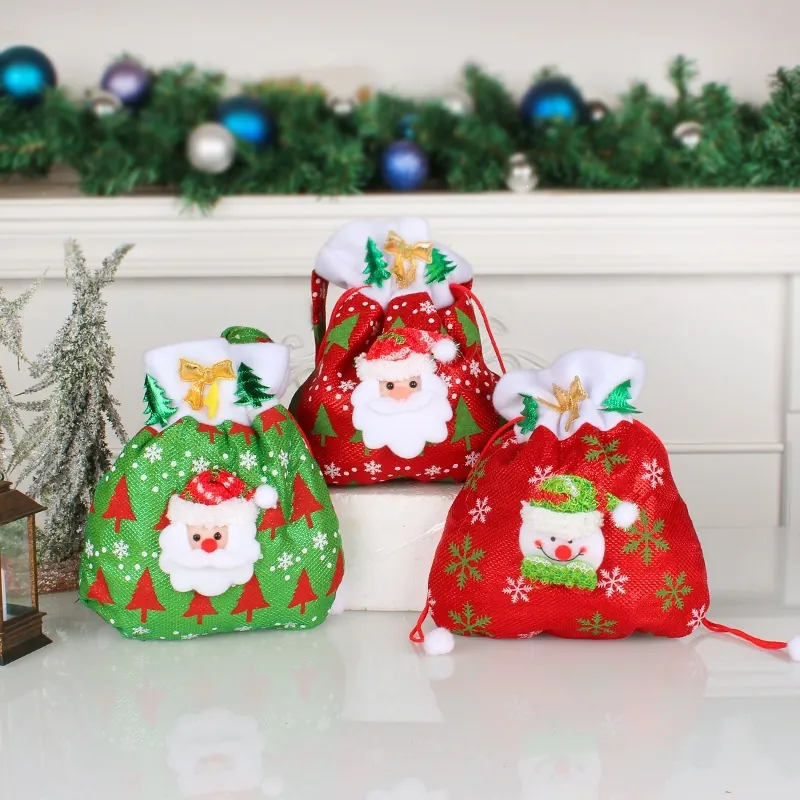 Weihnachtsgeschenktüte Kreative Stoff Kordelzug Handtasche Süßigkeiten Verpackung Beutel Bestickte Schneeflocke Applikation Weihnachtsmann Schneemann Geschenkbeutel Für Festliche Party Dekoration Zuhause Ornament