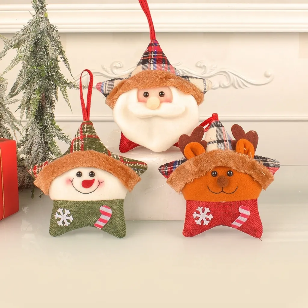 Plush Christmas Star Ornaments Santa Claus Elk Snowman Fabric Embroidered Pentagram Hanging Pendant Festive Tree Decor