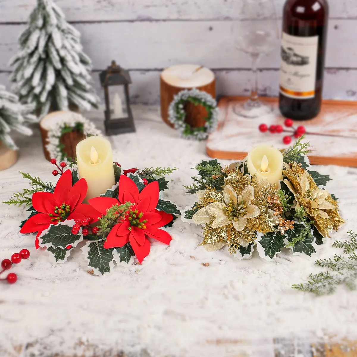 Christmas Poinsettia Candle Ring Artificial Gold Flower Wreath With Glitter Pine Needles And Berries For Holiday Table Centerpiece Decor