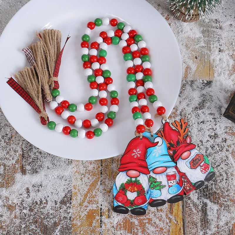 Christmas Wooden Bead Gnome Hanging Ornament Red White Green Bead String With Hemp Rope Tassels For Christmas Tree Car Holiday Decor