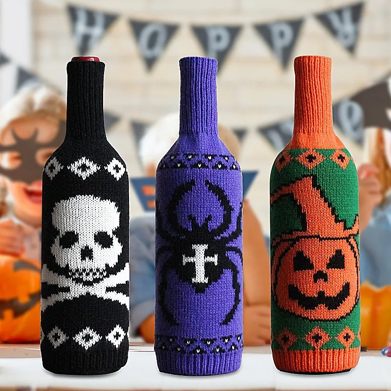Gestrickte Halloween Weinflaschenhüllen Skelett Kürbis Spinne Muster Festliche Tischdekorationen Für Party Champagner Weintaschen