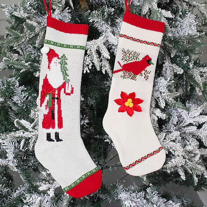 Calze di Natale Lavorate a Maglia Motivo Babbo Natale Uccello Fiori Sacchetti Regalo Decorazioni Pendenti Albero di Natale