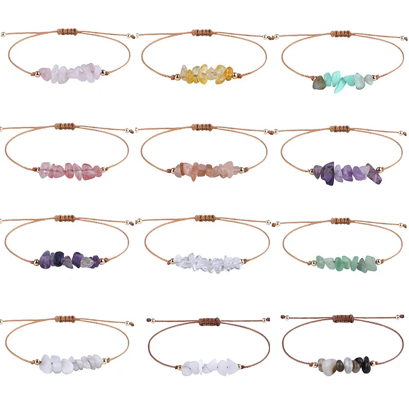 Bohemian Hand Woven Wax Cord Bracelet For Women Natural Stone Crushed Stone Irregular Adjustable Beach Ethnic Style Jewelry