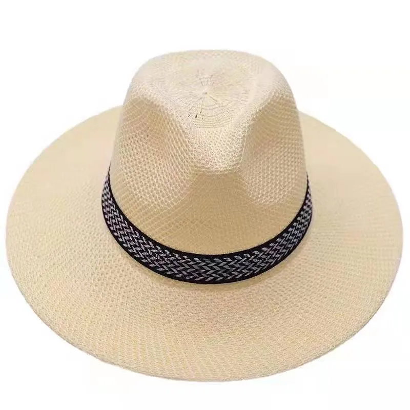 Chapeau de Paille d'Été pour Hommes Protection Solaire Bord Large Fedora Respirant Polyester Tissé Chapeau de Plage pour Père