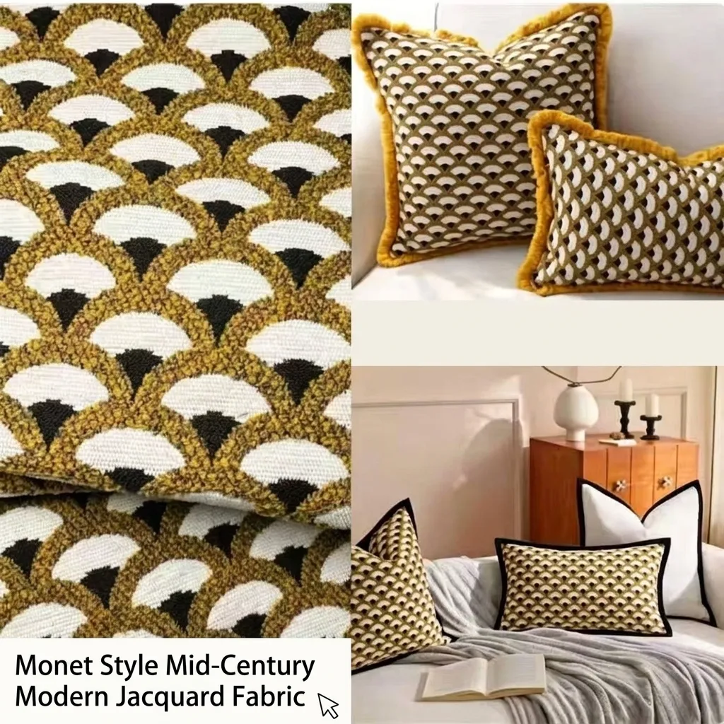 French Retro Mid Century Modern Ginger Yellow Shell Jacquard Chenille Upholstery Fabric For Sofa Pillow Cover DIY Home Decor