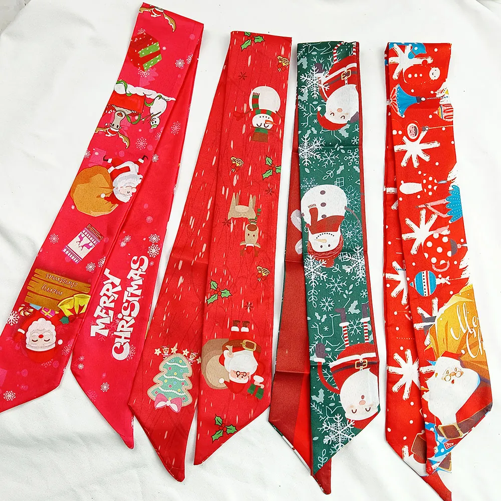 Christmas Polyester Ribbon Scarf Festive Snowflake Santa Claus Print Ribbon Satin Hair Band Gift Box Decor Scarf For Party Decoration