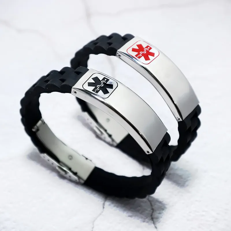 Men Medical Alert Bracelet Stainless Steel Plate Silicone Wristband Emergency Star Of Life Symbol Sporty Jewelry Accessory