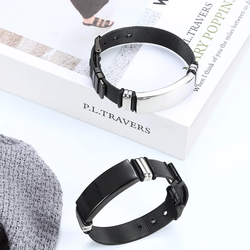 Hip Hop Titanstahl Mesh Armband Für Herren Damen Poliert Blanko ID Bar Schließe Verstellbar Milanese Loop Schmuck