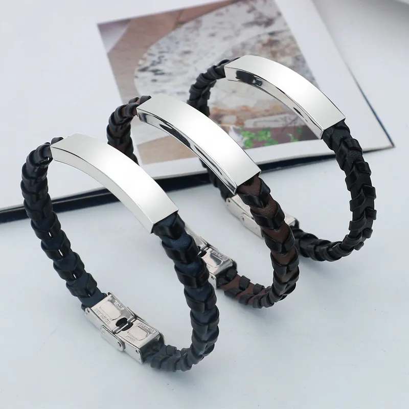 Edelstahl Geflochtenes Lederarmband Minimalistisch Blanko ID Bar Polierte Platte Gedrehtes Armband Für Damen Herren Schmuck