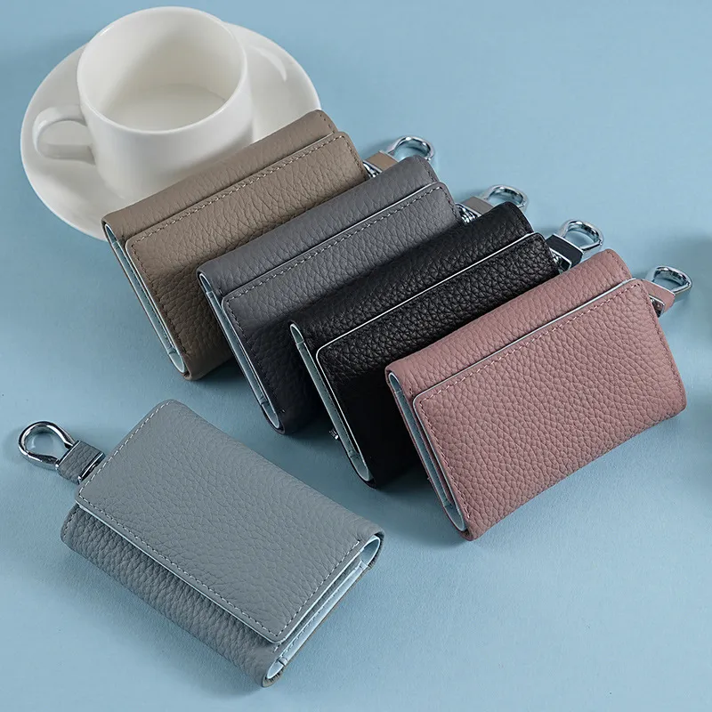 Genuine Leather Key Wallet For Men Women Top Layer Cowhide Multi Functional Folding Coin Purse With Metal Hook Snap Button Business Wallet