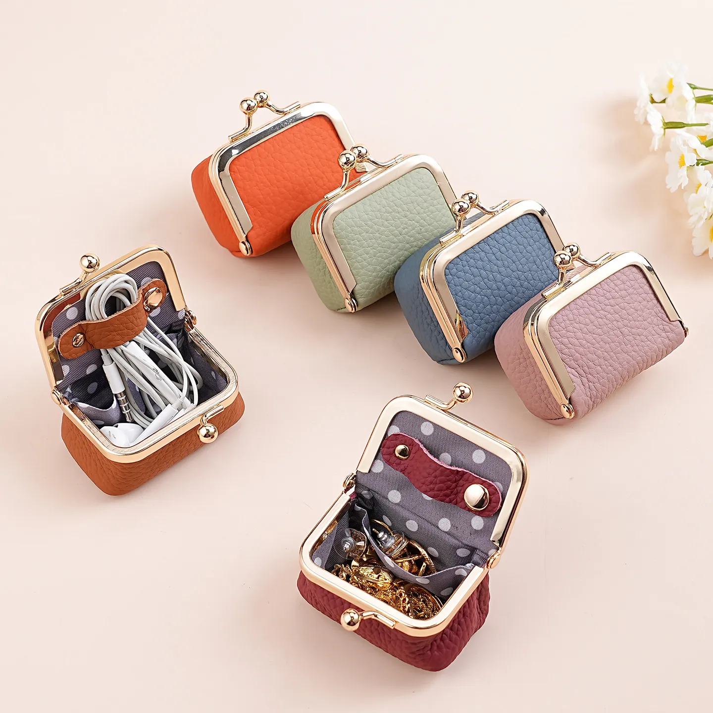 Mini Genuine Leather Jewelry Organizer Bag Vintage Cowhide Kiss-Lock Coin Purse Small Earphone Storage Pouch For Women