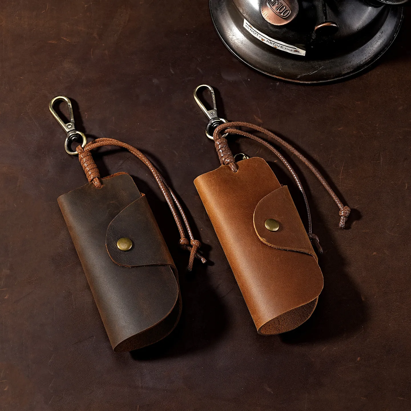 Vintage Crazy Horse Leather Car Key Case For Men Women Cowhide Key Organizer Bag Protective Pouch With Hook Braided Strap