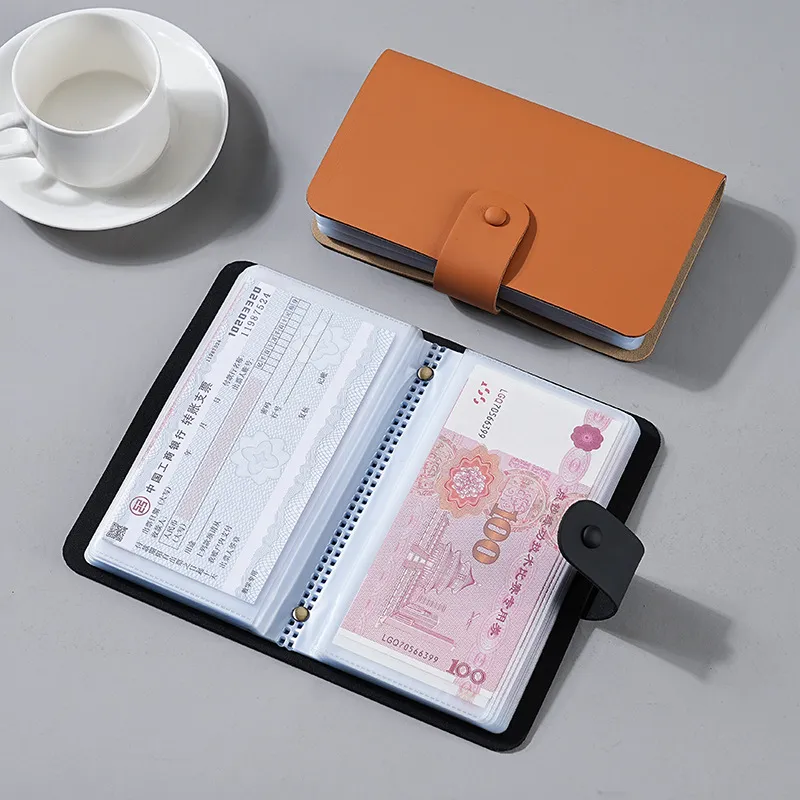 Top Layer Cowhide Leather Coin Album Banknote Collection Book Check Receipt Storage Folder Minimalist Snap Button Organizer Holder Binder