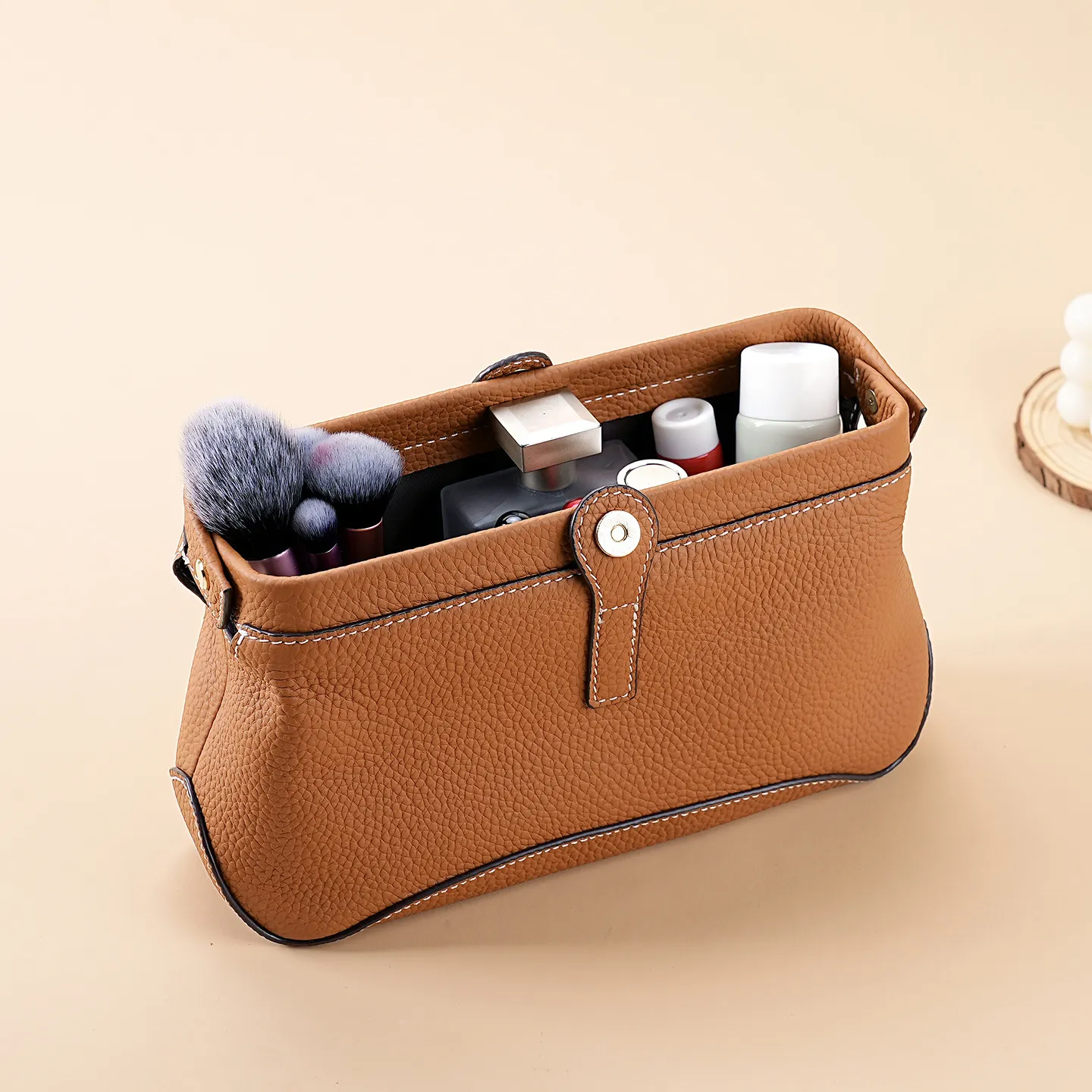 Luxus Echtes Rindsleder Kosmetiktasche Retro Kussverschluss Litschi Maserung Make Up Organizer Langer Kontrastnähte Damen Kulturbeutel Waschtasche