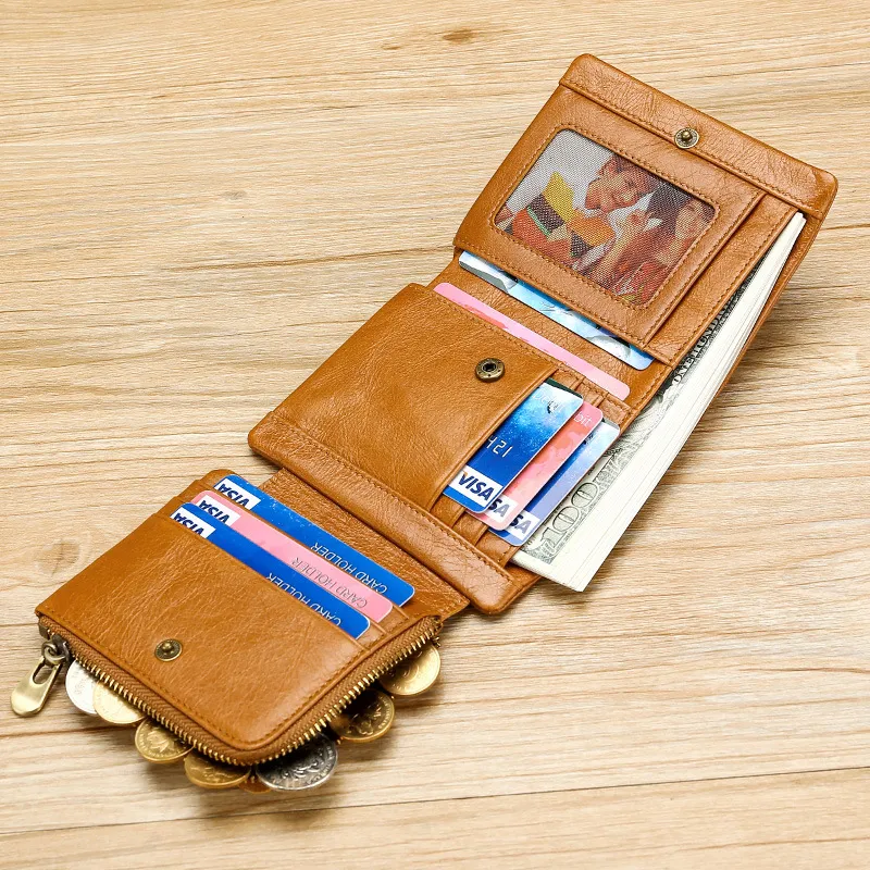 Cartera Corta Tríptica de Cuero Genuino Vintage para Hombre Bloqueo RFID Gran Capacidad Piel de Vaca Cera de Aceite Monedero Tarjetero Billetera