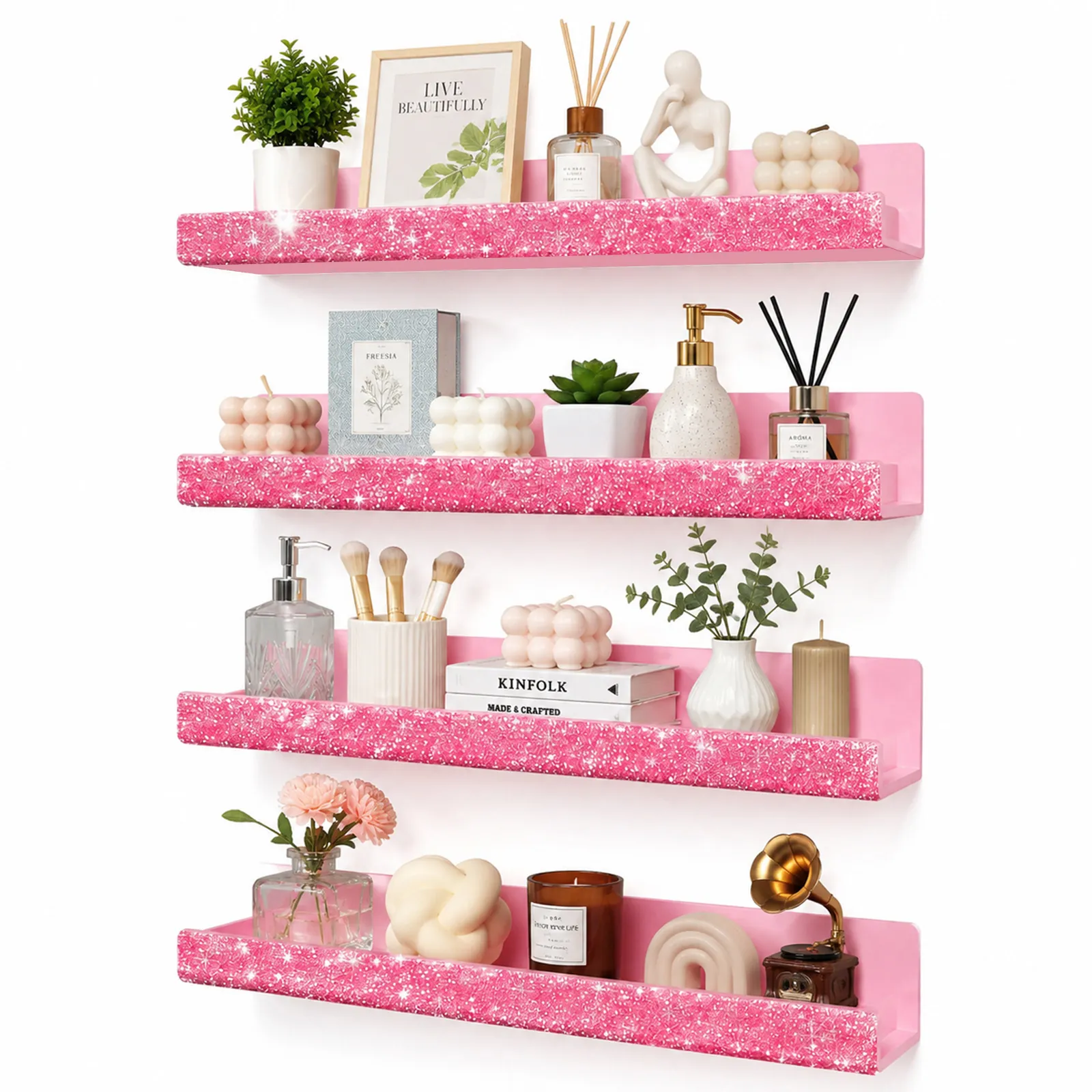 Acrylic Wall Mounted Nail Polish Organizer Floating Shelves With Bling Rhinestone Crystal Display Rack For Makeup Perfume Women Room Decor