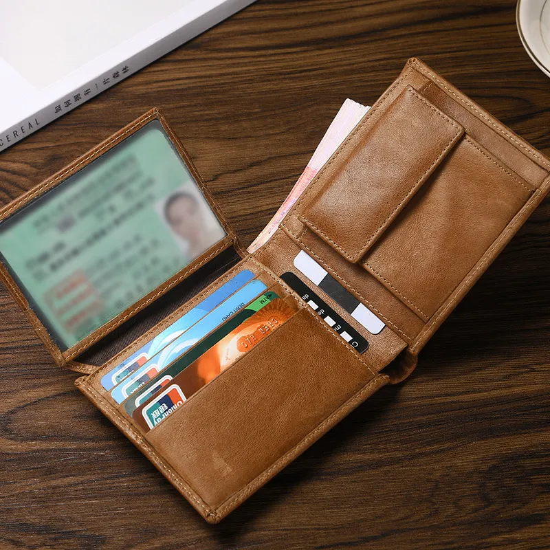 Herren Vintage Echtleder Rindleder Zweifach Gefaltet Kurze Geldbörse Mit RFID Schutz Kartenfächer Reißverschluss Münzfach